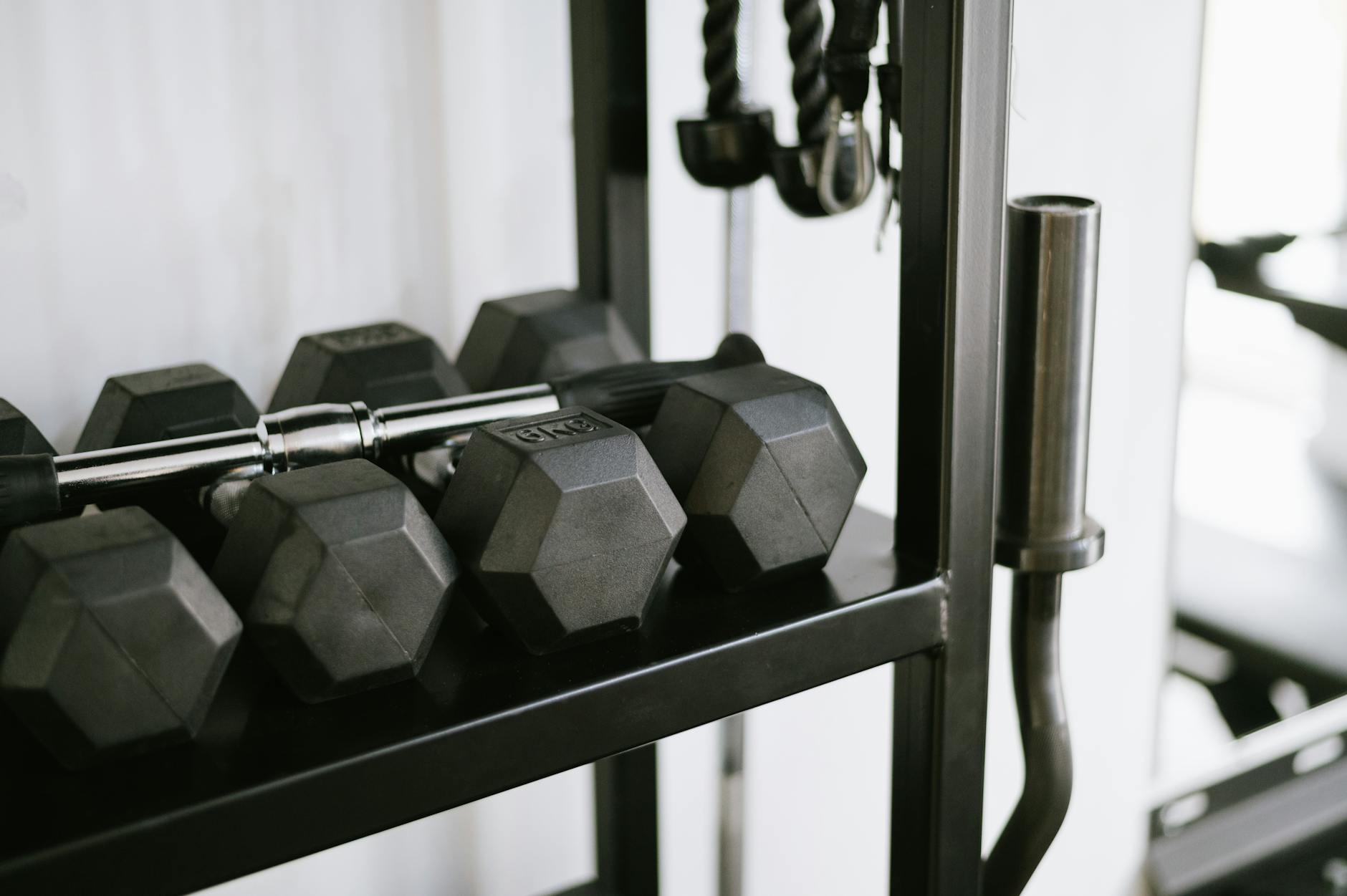 Close-up of gym equipment including dumbbells on a storage rack, perfect for fitness-themed uses. (Photo by Anete Lusina on Pexels)